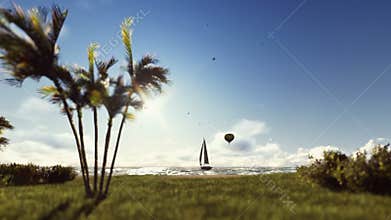 Sunset summer time, people on the beach, air balloon and yacht