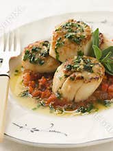Pan Fried Scallops Piperade and Garlic Butter
