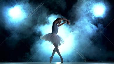 Ballet dancer in white tutu on a Blue, Smoke, fog