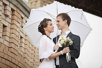 Portrait of young man and woman retro wedding