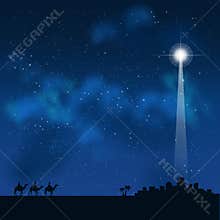 Three wise men on the way to see a baby Jesus in Bethlehem