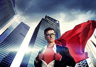Superhero Businessman Strength Cityscape Cloudscape Concept