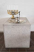 Batismal font and candleholder in church of Qarqrtoq, Greenland