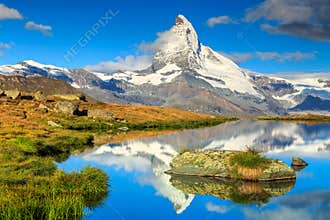 Famous Matterhorn peak and Stellisee alpine glacier lake,Valais,Switzerland