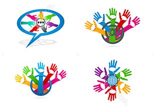 Social media logo, hand care with speech bublles symbol, global network communication concept design