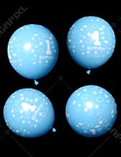 Four blue first birthday balloons