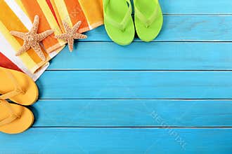 Summer beach border background flip flops copy space
