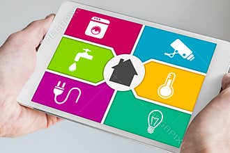 Smart home automation and mobile computing concept.