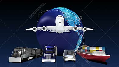 Growing Global Network with airplane, train,ship, car transportation