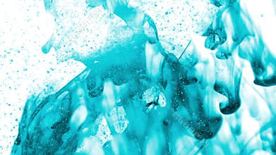 Double exposure of blue ink creating volutes with dust particles moving on a white background