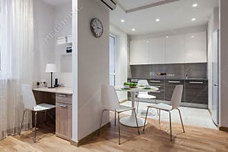 Interior of modern apartment in scandinavian style with kitchen
