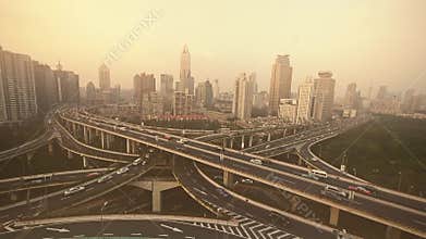 Heavy traffic on highway interchange,Aerial View of Shanghai haze pollution.