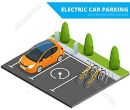 Isometric Electric car parking, electronic car. Ecological concept. Eco friendly green world. Flat 3d vector isometric