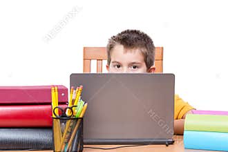 Young Boy on Laptop Studying at Desk with Books