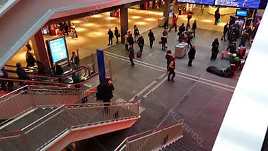 4K UHD video of inside Bern train station and information point.