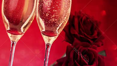 Pouring champagne flutes with bubbles near red roses on red bokeh background, love and valentine day