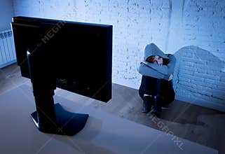 Teenager woman abused suffering internet cyberbullying scared sad depressed in fear face expression