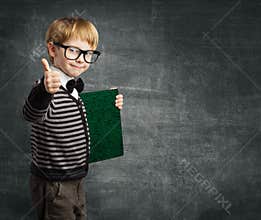 School Child in Glasses Thumbs Up, Kid Boy Hold Book