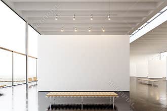 Picture exposition modern gallery,open space.Blank white empty canvas hanging contemporary art museum.Interior loft