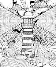 Hand drawn adult coloring page, artistically Sea with ethnic Lighthouse, patterned Jellyfish and ornamental clouds in doodle, zen