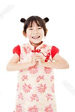 Happy chinese new year. girl with congratulation gesture