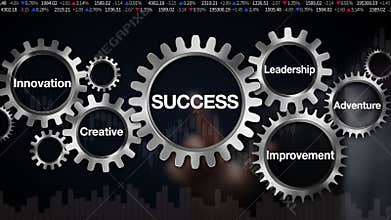 Gear with keyword, Leadership, Innovation, Creative, Adventure, Improvement. Businessman touch screen 'SUCCESS'