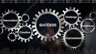 Gear with keyword, Innovation, Creative, Adventure, Improvement, challenge, Businessman touch screen 'SUCCESS'