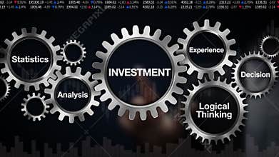Gear with keyword,Statistics, Analysis, Logical thinking, Experience, Decision. Businessman touch screen 'INVESTMENT'