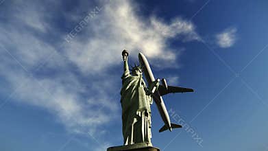 Airplane flying over the Statue of Liberty video footage