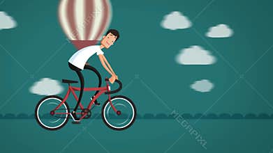 Cartoon man riding a bicycle on the road.