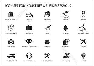 Business icons and symbols of various industries / business sectors like consulting,tourism,hospitality,agriculture