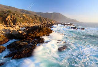Crashing Waves at Sunset on Big Sur coast, Garapata State Park, near Monterey, California, USA