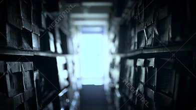 Shelves of documents stored in archive