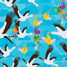 Crane bird carrying play baby at sky seamless pattern