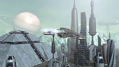 Animation of futuristic spaceships above pyramid city