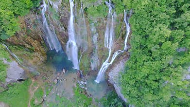 Aerial view of waterfalls and lakes in Plitvice National Park.