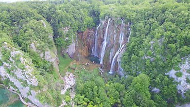 Aerial view of waterfalls and lakes in Plitvice National Park.