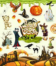 Halloween 3d vector illustrations. Pumpkin, ghost, spider, witch, vampire, zombie, grave, candy corn