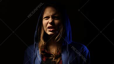 Stressed teen girl fear of something. 4K