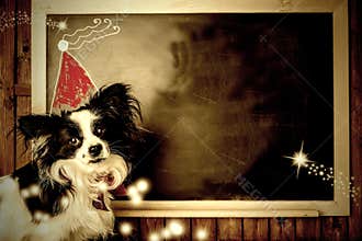 Funny dog Christmas greeting cards. Copy space.