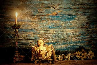 Christmas religious card, baby Jesus in his crib