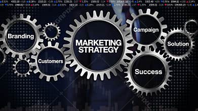 Gear with keyword, Branding, Solution,Customers, Campaign, Success. Businessman touching 'Marketing Strategy'