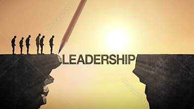 Pencil write 'LEADERSHIP', connecting the cliff. Businessman crossing the cliff, business concept.