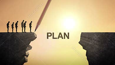 Pencil write 'PLAN', connecting the cliff. Businessman crossing the cliff, business concept.