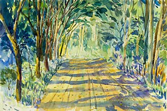 Painting watercolor landscape original colorful of tunnel trees