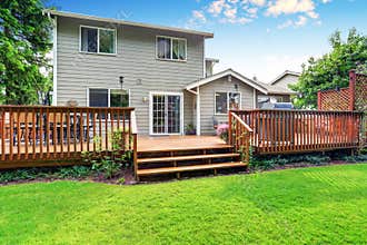 Back yard house exterior with spacious wooden deck