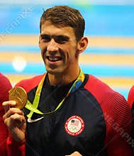Olympic champion Michael Phelps of USA celebrates victory at the Men's 4x100m medley relay of the Rio 2016 Olympic Games