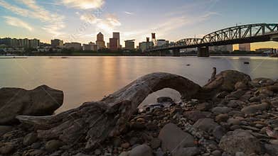 UHD 4k timelapse of long exposure sunset over downtown city skyline of Portland Oregon with Hawthorne Bridge