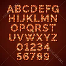 Retro light bulb bright alphabet, vector font