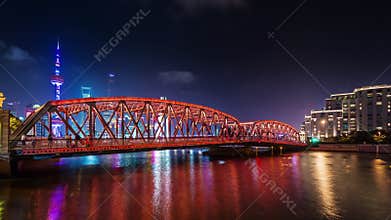 Night shanghai city downtown river bay bridge panorama 4k time lapse china